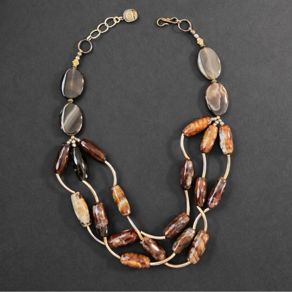 Handmade Artisan Agate Necklace Boho Layered Natural Stone Signed Designer